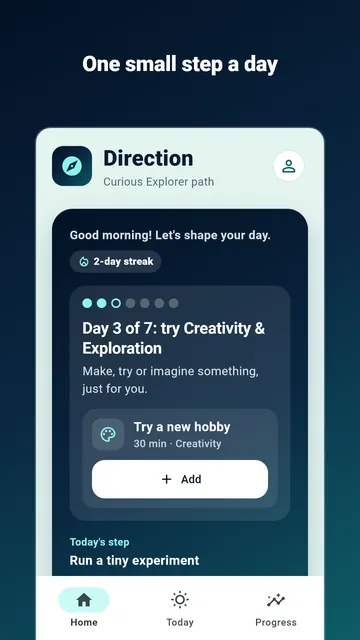 Home screen: day 3 of the 7-day path and today’s small step.